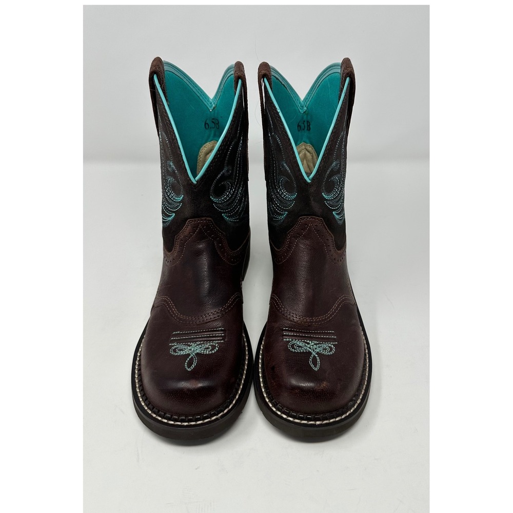 Ariat Brown Leather Western Ankle Boot with Teal Stitching - Picture 3 of 13